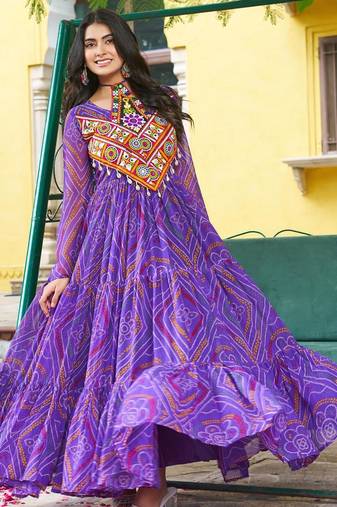Purple faux georgette badhni print with kutchi patche work navratri gown