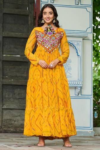Yellow faux georgette badhni print with kutchi patche work navratri gown