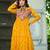 Yellow faux georgette badhni print with kutchi patche work navratri gown