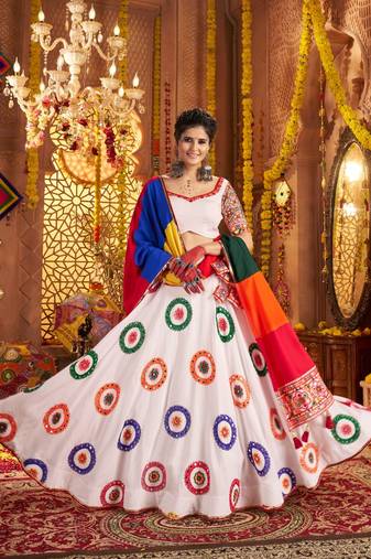 white Viscose Cotton Thread Embroidered Mirror Work Navratri fully stitched lehenga choli