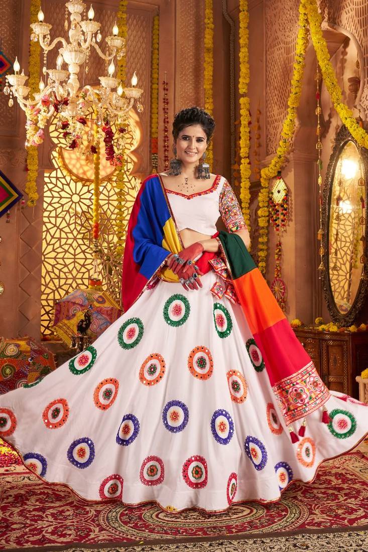 white Viscose Cotton Thread Embroidered Mirror Work Navratri fully stitched lehenga choli
