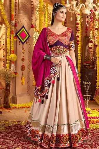 beige Viscose Rayon Embroidered Mirror Work fully stitched lehenga choli