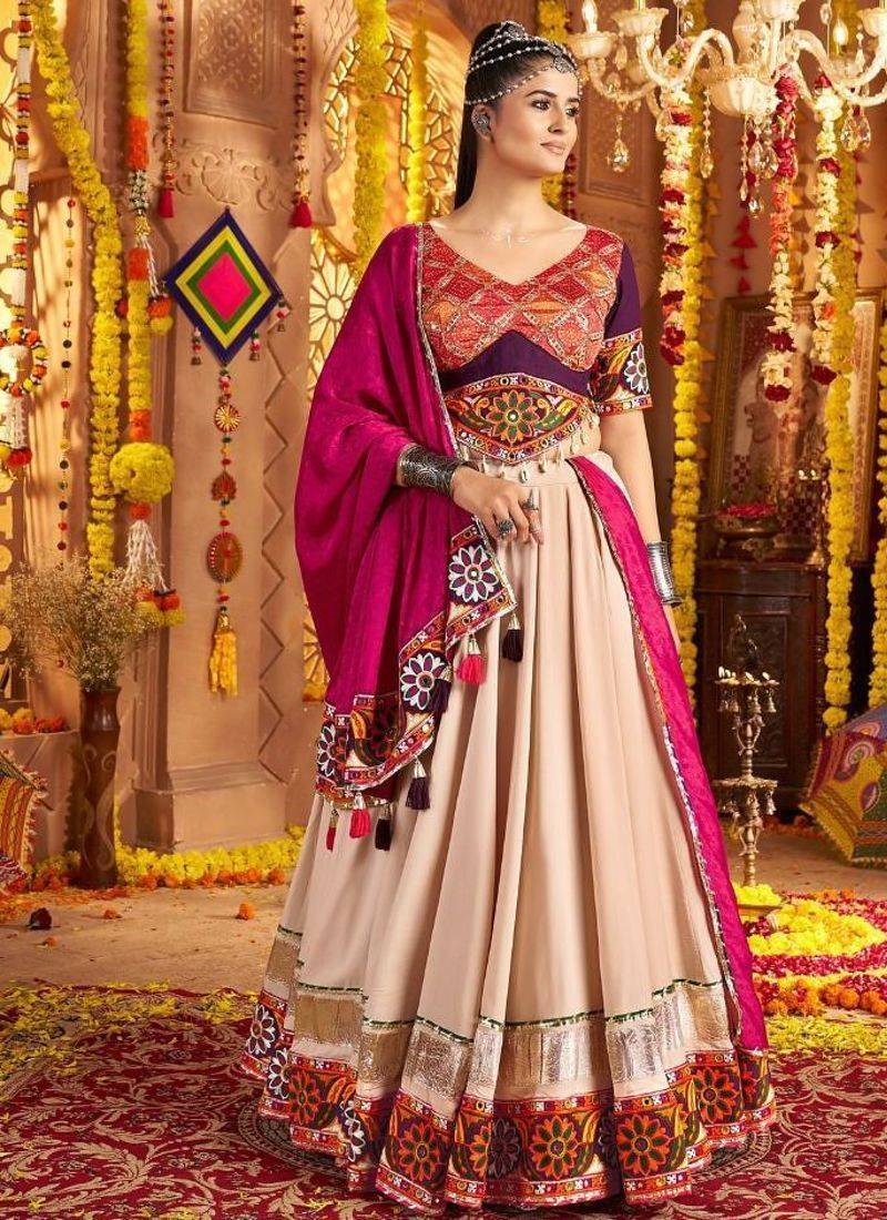 beige Viscose Rayon Embroidered Mirror Work fully stitched lehenga choli