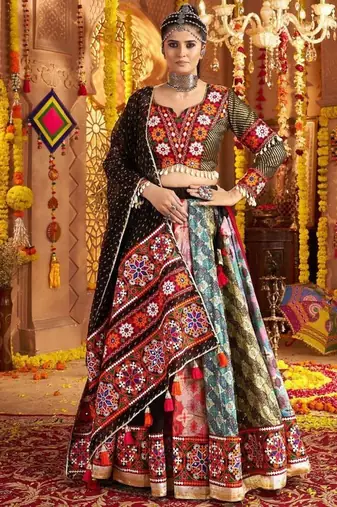 multi Viscose Rayon Thread Embroidered Mirror Work fully stitched lehenga choli