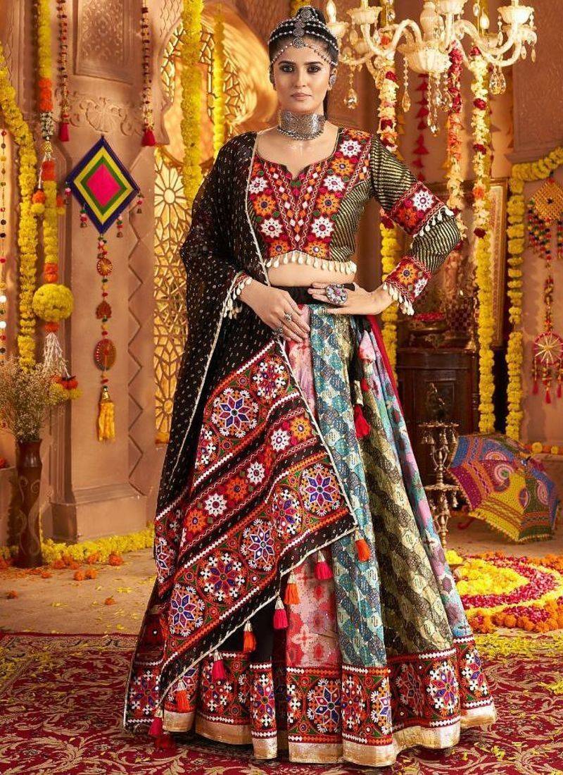 multi Viscose Rayon Thread Embroidered Mirror Work fully stitched lehenga choli