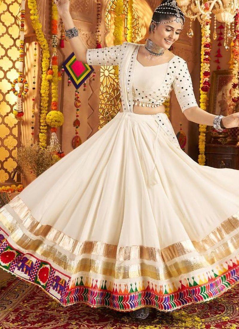 off white Viscose Rayon Thread Embroidered Mirror Work Navratri fully stitched lehenga choli