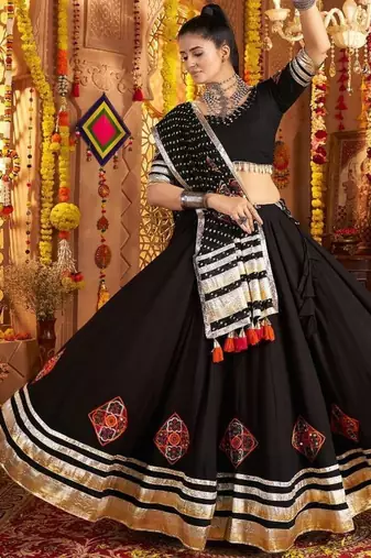 black Viscose Rayon Thread Embroidered Mirror Work fully stitched lehenga choli