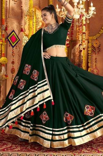 green Navratri Mirror Work Thread Embroidered fully stitched lehenga choli