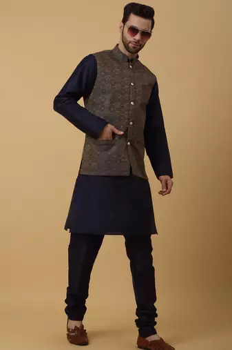 Men's navy blue kurta and churidar with jacquard ethnic motifs printed nehru jacket