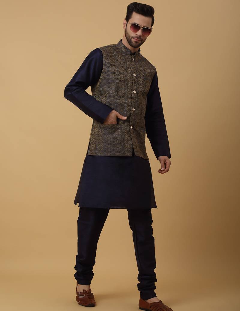 Men's navy blue kurta and churidar with jacquard ethnic motifs printed nehru jacket