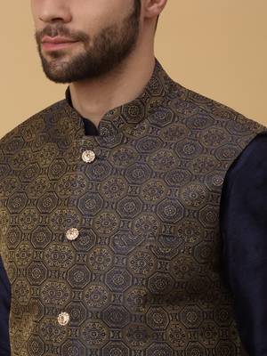 Men's navy blue kurta and churidar with jacquard ethnic motifs printed nehru jacket 2