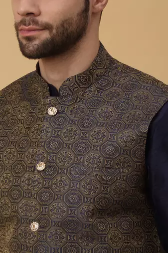 Men's navy blue kurta and churidar with jacquard ethnic motifs printed nehru jacket