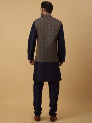 Men's navy blue kurta and churidar with jacquard ethnic motifs printed nehru jacket 3