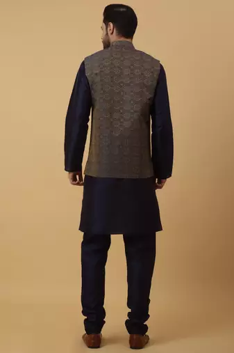 Men's navy blue kurta and churidar with jacquard ethnic motifs printed nehru jacket