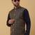 Men's navy blue kurta and churidar with jacquard ethnic motifs printed nehru jacket