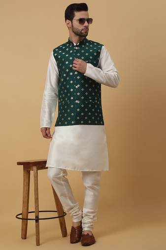 Men's cream kurta and churidar with jacquard ethnic nehru jacket