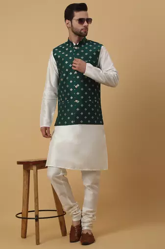 Men's cream kurta and churidar with jacquard ethnic nehru jacket