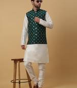Men's cream kurta and churidar with jacquard ethnic nehru jacket