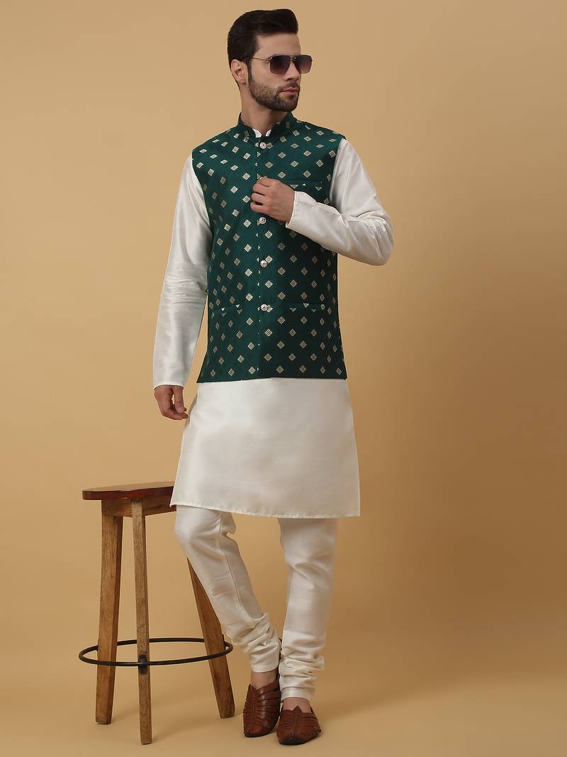 Men's cream kurta and churidar with jacquard ethnic nehru jacket