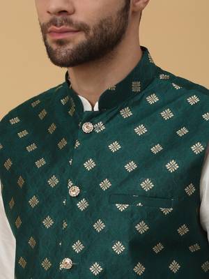 Men's cream kurta and churidar with jacquard ethnic nehru jacket 2
