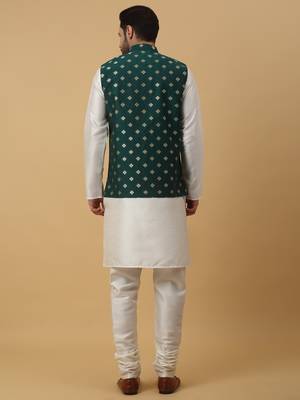 Men's cream kurta and churidar with jacquard ethnic nehru jacket 3