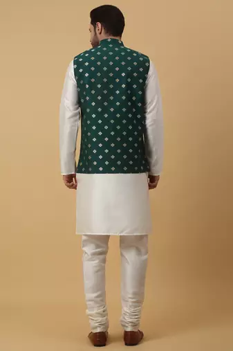 Men's cream kurta and churidar with jacquard ethnic nehru jacket