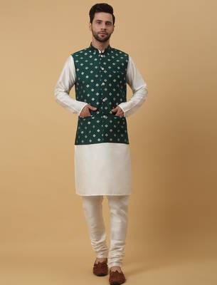 Men's cream kurta and churidar with jacquard ethnic nehru jacket 4