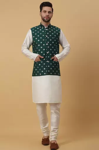 Men's cream kurta and churidar with jacquard ethnic nehru jacket