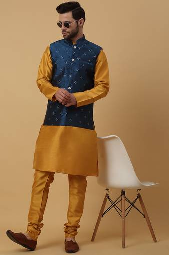 Men's mustard kurta and churidar with jacquard floral nehru jacket