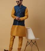 Men's mustard kurta and churidar with jacquard floral nehru jacket