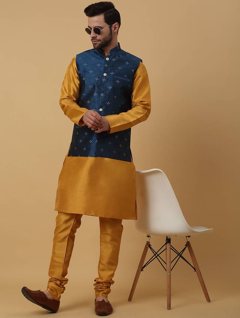 Men's mustard kurta and churidar with jacquard floral nehru jacket