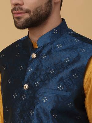 Men's mustard kurta and churidar with jacquard floral nehru jacket 2
