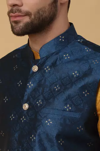 Men's mustard kurta and churidar with jacquard floral nehru jacket