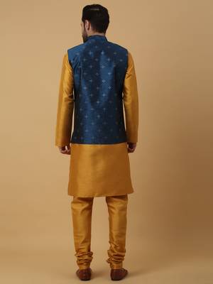 Men's mustard kurta and churidar with jacquard floral nehru jacket 3