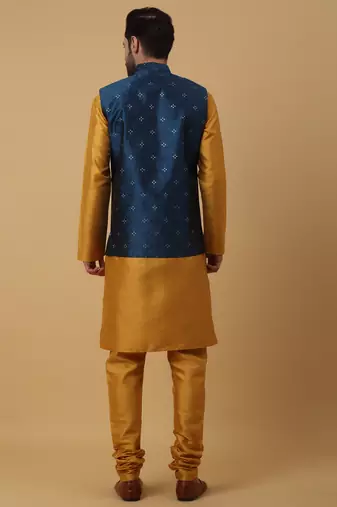 Men's mustard kurta and churidar with jacquard floral nehru jacket
