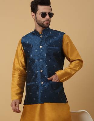 Men's mustard kurta and churidar with jacquard floral nehru jacket 4