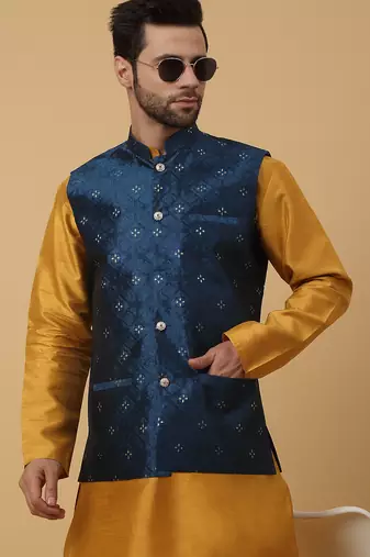 Men's mustard kurta and churidar with jacquard floral nehru jacket
