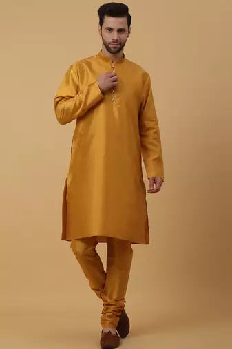 Men's mustard kurta and churidar with jacquard floral nehru jacket
