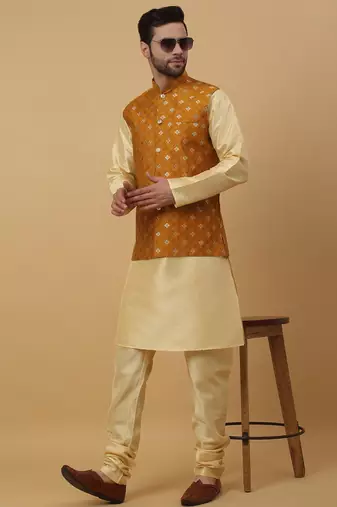 Men's beige kurta and churidar with jacquard ethnic nehru jacket