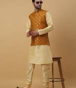 Men's beige kurta and churidar with jacquard ethnic nehru jacket