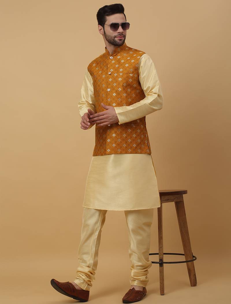 Men's beige kurta and churidar with jacquard ethnic nehru jacket