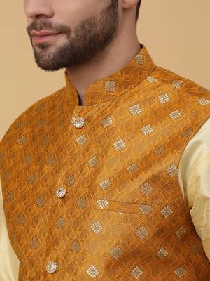 Men's beige kurta and churidar with jacquard ethnic nehru jacket 2