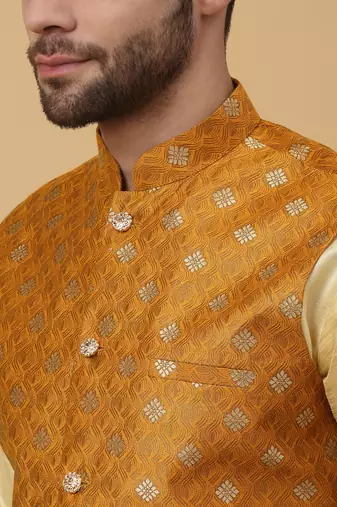 Men's beige kurta and churidar with jacquard ethnic nehru jacket
