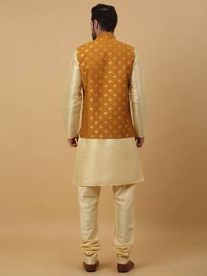 Men's beige kurta and churidar with jacquard ethnic nehru jacket 3