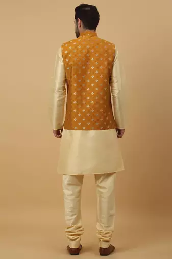 Men's beige kurta and churidar with jacquard ethnic nehru jacket