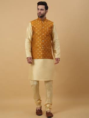 Men's beige kurta and churidar with jacquard ethnic nehru jacket 4