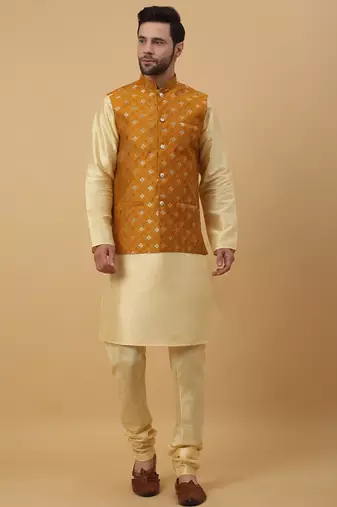 Men's beige kurta and churidar with jacquard ethnic nehru jacket
