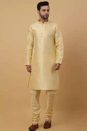 Men's beige kurta and churidar with jacquard ethnic nehru jacket