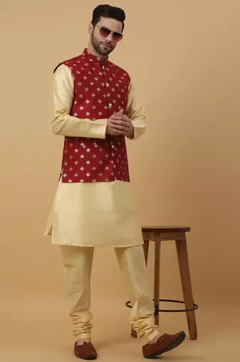 Men's beige kurta and churidar with jacquard ethnic nehru jacket