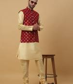 Men's beige kurta and churidar with jacquard ethnic nehru jacket